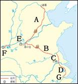 下图是《隋大运河示意图》，E地点是A．洛阳B．涿郡C．长安D．余杭